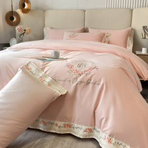 Light luxury 50-count long-staple cotton pink rose embroidery bedding set