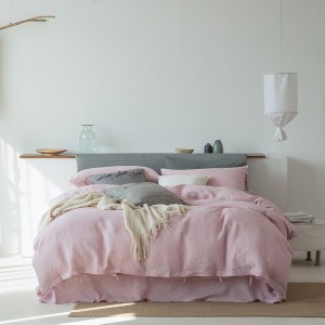 Linen Exquisite Flat Sheets Pink Pillow Sham Solid Color Comforter Quilt Duvet Skin-friendly Bedding Set