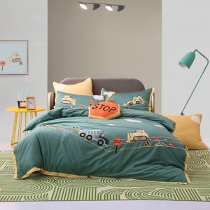 Long Staple Cotton Satin Bed Linen Embroidered Pillow Case Green Comforter Set Cartoon Kids’ bedding