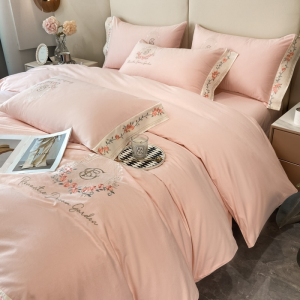 Light luxury 50-count long-staple cotton pink rose embroidery bedding set