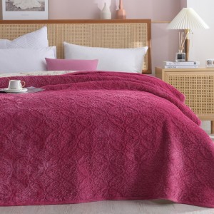 Pink Solid Color Pillowcases Quilted Quilt 3pcs Flannel Bedspread