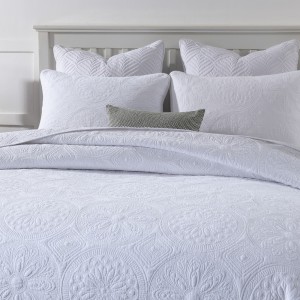 High Grade Quilting White Embroidered Solid Color Pillowcases Cotton Bedspread