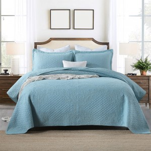 Blue Quilting Embroidered Cotton Pillowcases Solid Color Bedspread